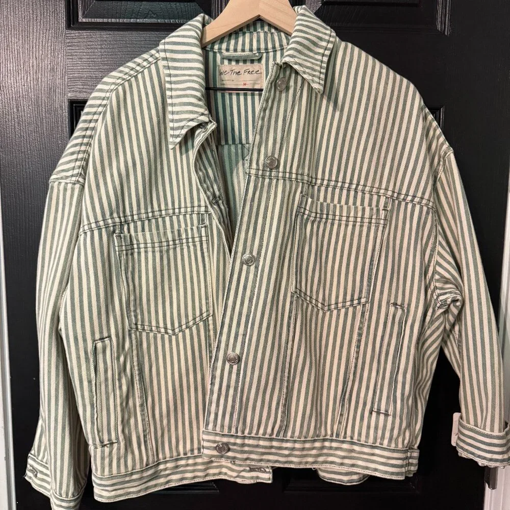 NWT We the Free Oversized Striped Denim Jacket Green White Cream Medium - Picture 1 of 5